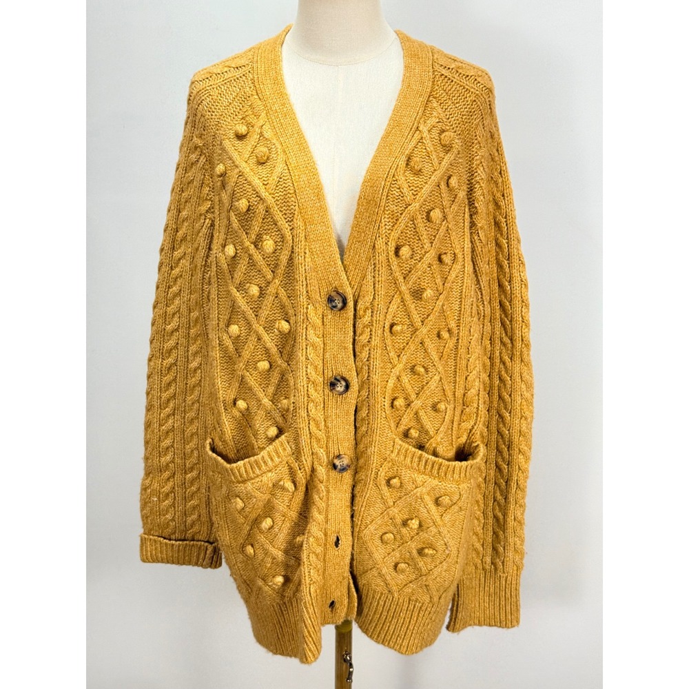 Cupcakes and Cashmere Mustard Long Cable Knit Bobble Cardigan Sweater Large